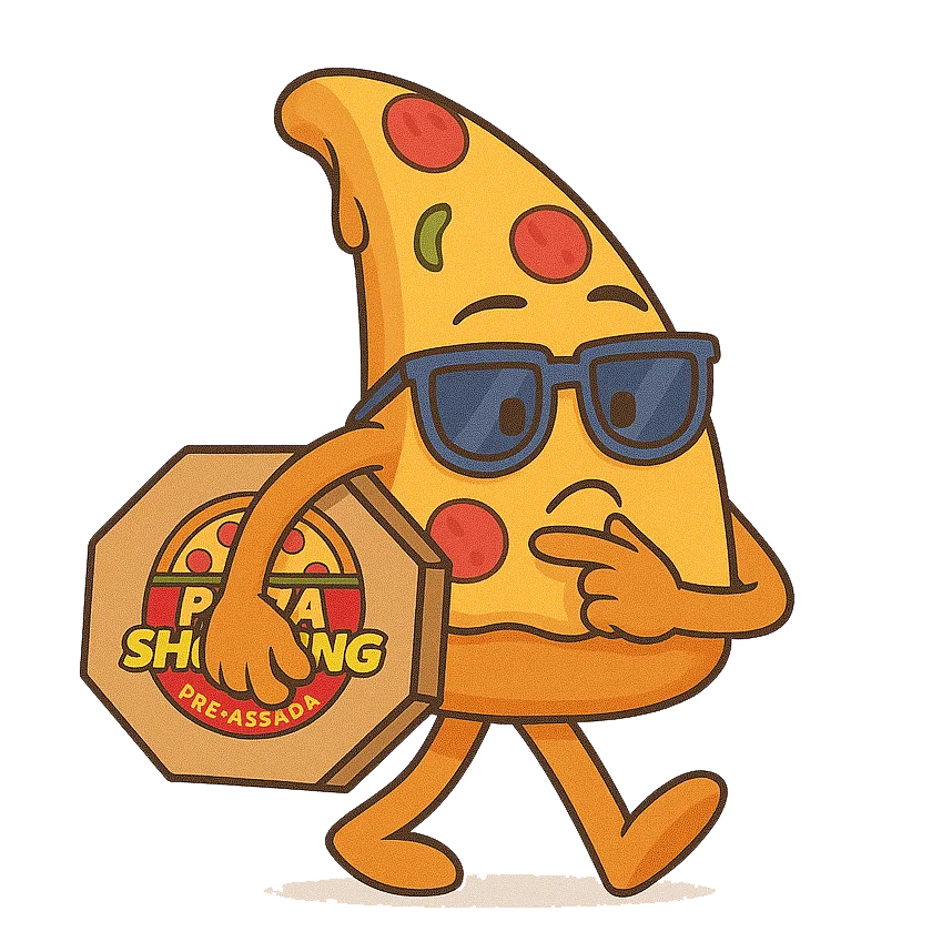 Ilustração de uma pizza de óculos escuros fazendo sinal de positivo